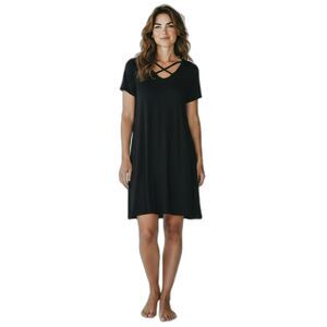 TBH Size S Black Cotton Lace Up Neckline Stretch Knit Dress # 66
